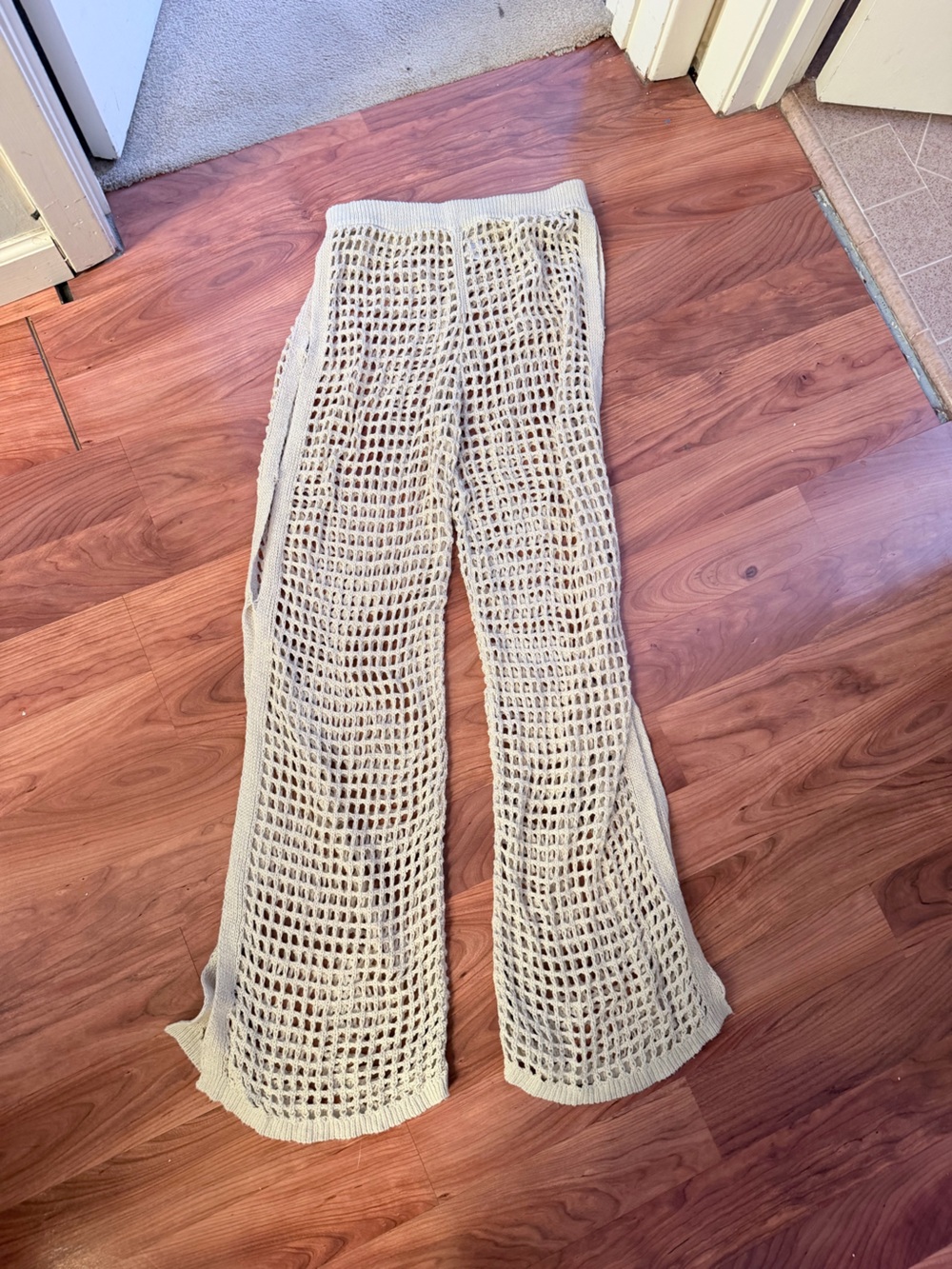 Beige Open-Knit Crochet Pants
